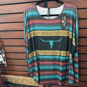 Crazy Train Teal Striped Long-Sleeve Graphic Top